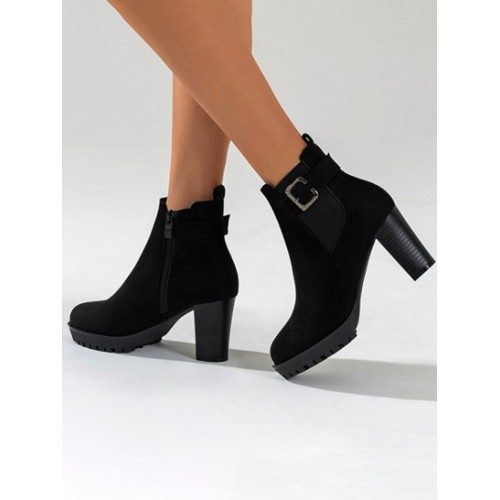 Buckle Decor Zip Side Chunky Heel Boots