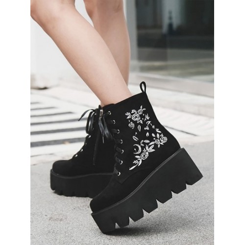 Floral Embroidered Platform Faux Suede Boots