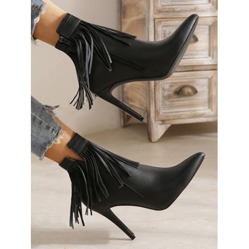 Fringed V Notched Stiletto Heel Boots