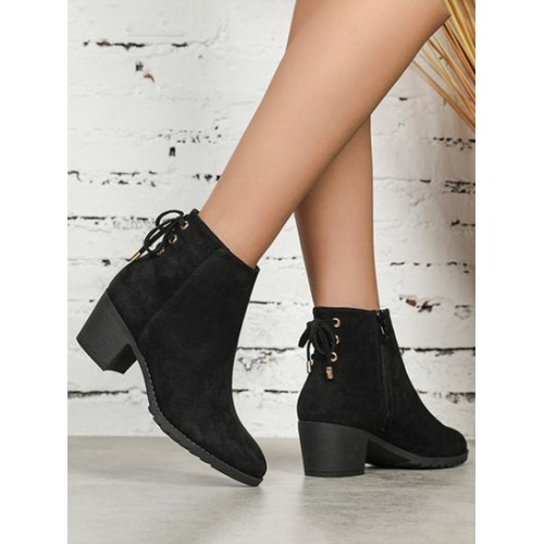 Lace Up Back Side Zip Chunky Heeled Ankle Boots