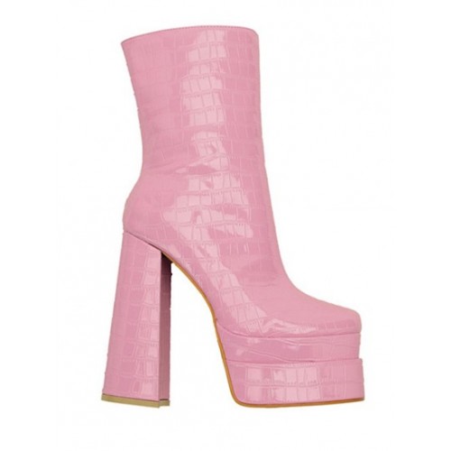 Embossed Side Zip Platform Mid-calf Boots