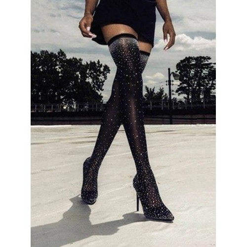 Rhinestones Detail Stiletto Heeled Club Stretch Over-the-knee Socks Boots