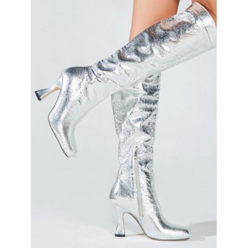 Side Zip Metallic Glitter Sparkle Kitten Heeled Knee High Boots