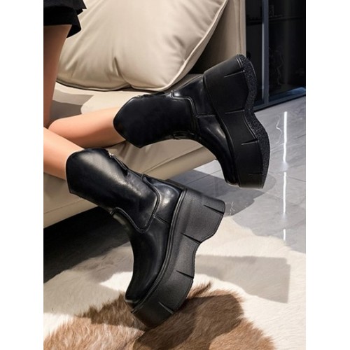 V-curved Back Zip Platform Mid-calf Boots