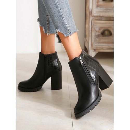 Embossed Lug Sole Block Heel Ankle Boots