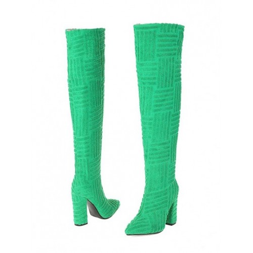 Terry Cloth Textured Chunky Heeled Over-the-knee Boots