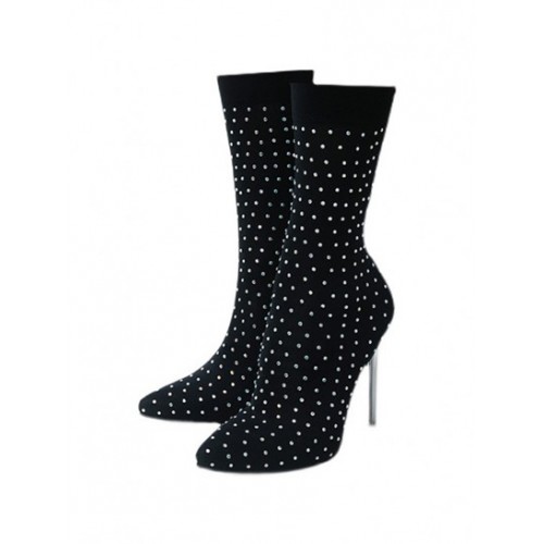 Rhinestones Bejeweled Pointed Toe Heeled Stretch Slip On Boots