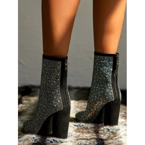 Pair Of Rhinestone Decor Back Zip Chunky Heel PU Leather Metallic Party Boots