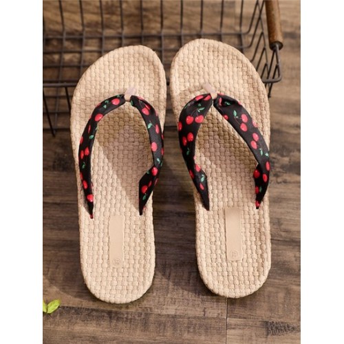 Cherry Print Espadrilles Straw Flip Flops