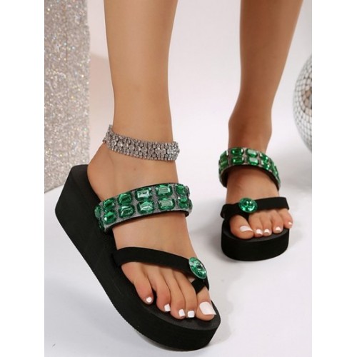 Rhinestones Top Loop Chunky Style Platform Sandals