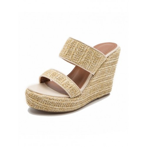 Women's Two Straps Platform Wedge Heeled Straw Espadrille Style Slip On Sandals Slides