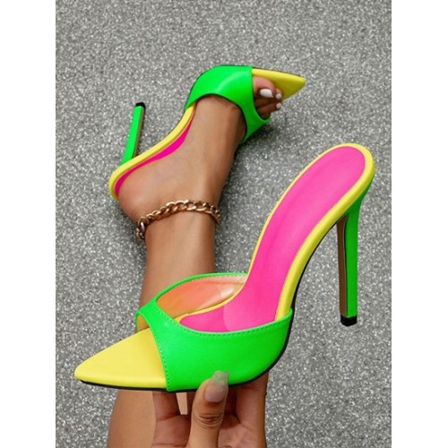 Wome's Colorblock Peep Pointed Toe Stiletto High Heels Slide Sandals