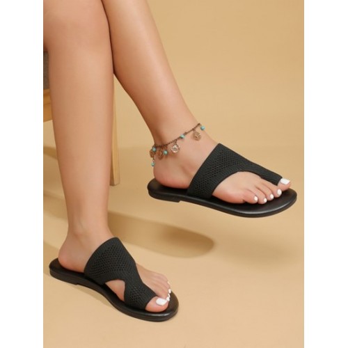 Women's Casual Toe Hoop Stretch Knit Slip On Slides Flats Sandals