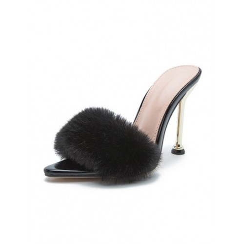 Women's Sexy Elegant High Stiletto Heeled Pointed Toe Textured Fluffy Fuzzy Furry Faux Fur Slip On Slides Sandals