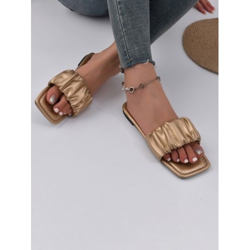 Women's Minimalist Style Daily Ruched Straps Flats Slip On Sandals Slides