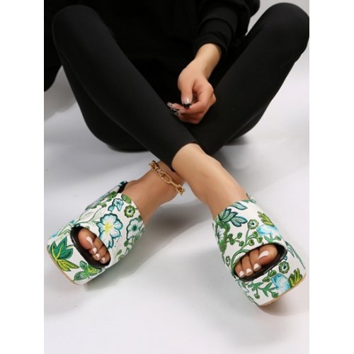 Women's Floral Embroidered Chunky Style Platform Wedge Heeled Slip On Sandals Slides