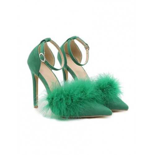 Feather Ankle Strap Stiletto Heel Pumps