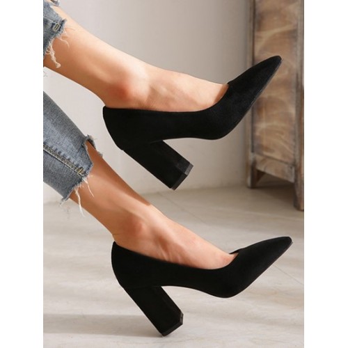 Chunky Heel Suede Court Pumps