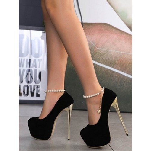 Faux Pearls Chains Heeled Platform Pumps