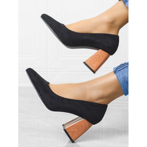 Pointed Toe Slip On Chunky Heeled Pumps