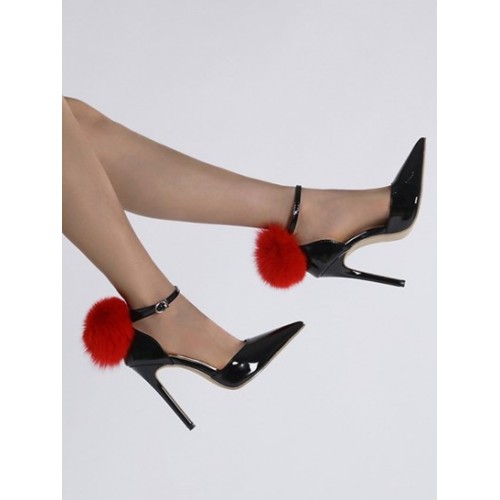 Fuzzy Pompoms High Heeled Ankle Straps Party Pumps