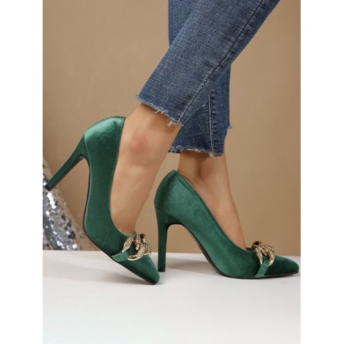 Chain Embellished Velvet Stiletto Pumps