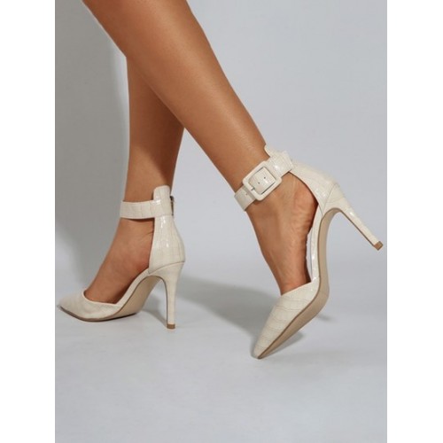 Pointed Toe Buckle Ankle Strap Open Sides Pumps