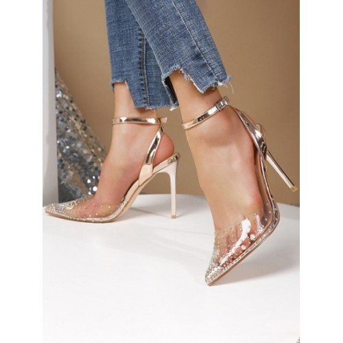 Rhinestone Transparent Pointed Toe Ankle Strap Party Pumps