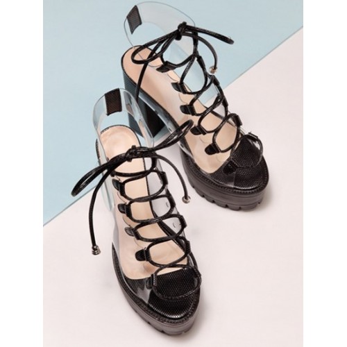 Sheer PVC Cut Out Lace Up Platform Ankle Boots Sandals