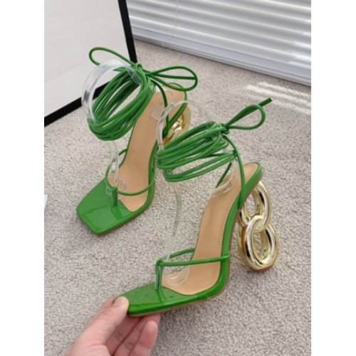 Ankle Wrap Lace Up Strappy Sculptural Heeled Flip Flops Style Sandals