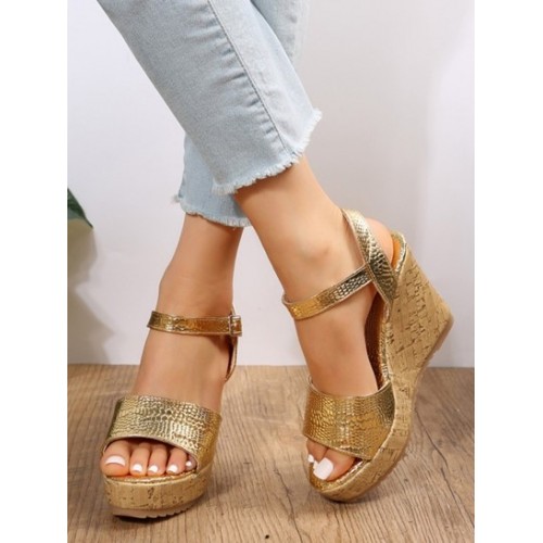 Metallic Sparkly Embossed Wedge Heeled Sandals