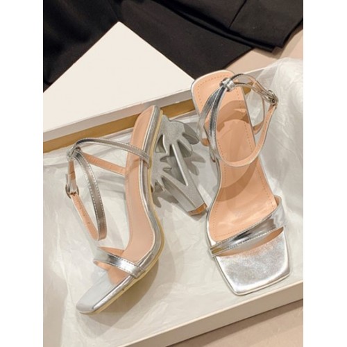 Women's Party Metallic Square Toe Slingback Ankle Strap Coconut Tree Shaped Sculptural Heel Sandals